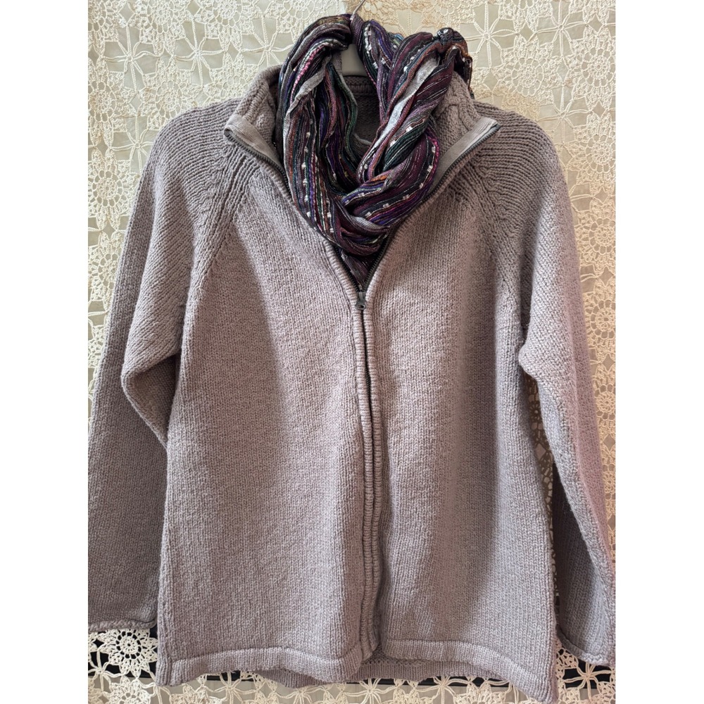 Classic Cozy Knit Zip Up Cardigan Sweater Beige‎ Cotton Women's Sz M